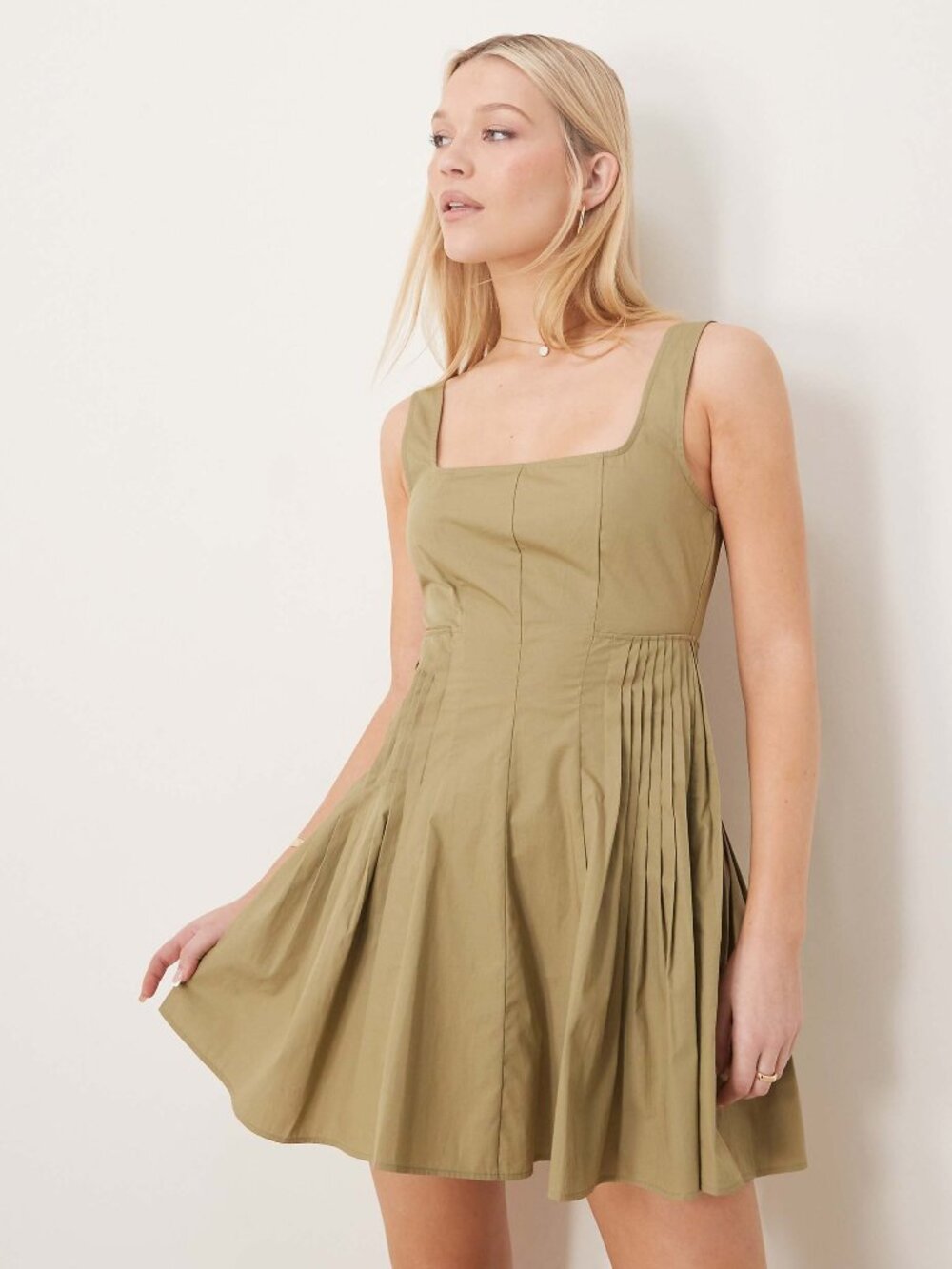 ASOS DESIGN 100%Cotton pleated waist mini dress in olive green Sz 4 NWT